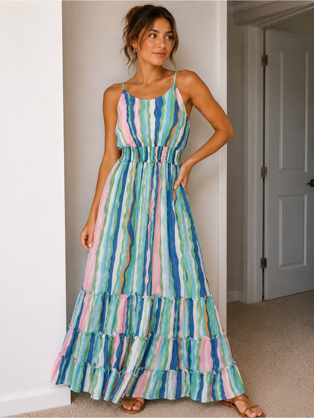 She and Sky Pastel Stripe Maxi Dress in Pink, Blue & Green. Worn once.